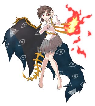 1girl alphes_(style) barefoot breasts brown_hair collared_shirt commentary_request dairi eye_mask eye_of_providence eye_print fire full_body hand_up highres iwanaga_ariya large_variant_set long_sleeves mask medium_breasts parody shirt short_hair solo style_parody tachi-e touhou transparent_background variant_set white_sleeves wings