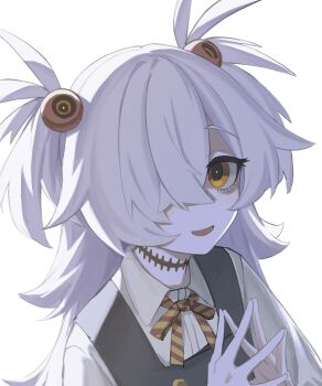 1girl absurdres black_dress blue_archive collared_shirt commentary dress eyelashes hair_between_eyes hair_ornament hair_over_one_eye highres kanoe_(blue_archive) open_mouth orange_eyes pinafore_dress shirt simple_background sleeveless sleeveless_dress solo steepled_fingers toxic_ghost two_side_up upper_body white_background white_shirt