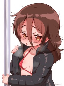 1girl bikini bikini_under_clothes black_jacket blush breasts brown_eyes brown_hair down_jacket freckles glasses hair_between_eyes highres jacket loli long_hair long_sleeves low-tied_long_hair low_twintails muu_rian nose_blush open_clothes open_jacket original parted_lips puffy_long_sleeves puffy_sleeves red_bikini simple_background small_breasts solo sweat swimsuit twintails twitter_username upper_body white_background