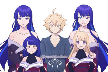 1boy 4girls aether_(genshin_impact) ahoge alternate_costume alternate_hairstyle alternate_universe bare_shoulders blonde_hair blue_pupils blunt_bangs breasts cleavage collarbone commentary dual_persona empty_eyes english_commentary expressionless family ffm_threesome genshin_impact group_sex hair_between_eyes hair_down hand_on_another&#039;s_shoulder highres huge_breasts japanese_clothes kimono light_smile looking_at_viewer mole mole_under_eye mole_under_mouth mother_and_daughter multicolored_eyes multicolored_hair multiple_girls off_shoulder original pink_lips purple_eyes purple_hair purple_kimono raiden_shogun red_sash robe sash short_hair sleeveless streaked_hair threesome yellow_eyes yuushiba