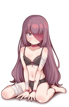 1girl absurdres bandaged_leg bandages bandaid bandaid_on_cheek bandaid_on_face barefoot between_legs black_bra black_panties bow bow_bra bow_panties bra choker closed_mouth fallenshadow fingernails flat_chest full_body hand_between_legs highres indie_virtual_youtuber loli long_hair navel ocean one_eye_covered panties pettan_(zeez4743) pink_eyes purple_eyes red_choker simple_background sitting solo stomach straight_hair underwear underwear_only virtual_youtuber wariza white_background
