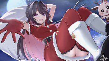 1girl :d absurdres alternate_costume azki_(hololive) bag bell belt black_belt breasts christmas colored_inner_hair commentary_request dress fur-trimmed_shoes gloves hair_ornament highres hishaku_(7stel2ar) hololive looking_at_viewer medium_breasts mole mole_under_eye moon multicolored_hair night open_mouth pink_hair pioneer_(azki) red_gloves santa_costume santa_dress short_sleeves smile thighhighs white_hair