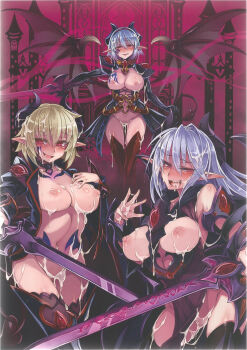 3girls absurdres aftersex aura blonde_hair blush bodysuit bottomless breast_tattoo breasts breasts_out clawed_wings cleavage collar corruption corset cum cum_in_mouth cum_in_pussy cum_on_body cum_on_breasts cum_on_hair cum_on_upper_body dark_aura dark_demon_realm_(monster_girl_encyclopedia) dark_persona demon_girl demon_realm_(monster_girl_encyclopedia) energy facial facial_tattoo gem glowing heart heart_tattoo highres horns inscription jacket kenkou_cross knight large_breasts long_hair low_wings luciana_sausare military monster_girl monster_girl_encyclopedia monster_girl_encyclopedia_world_guide_i:_fallen_maidens monster_girl_encyclopedia_world_guide_side_ii:_salvarision:_the_fallen_knights_of_lescatie multiple_girls neck_tattoo nipples no_panties nude official_art open_clothes open_jacket purple_hair pussy red_eyes revealing_clothes see-through_bodysuit see-through_clothes segmented_horns short_hair showgirl_skirt slit_pupils smile succubus_(monster_girl_encyclopedia) succubus_luciana succubus_vermut succubus_wilmarina sword tail tattoo topless_female vermut_rosnair warrior weapon wilmarina_noscrim wings
