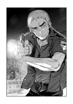 1boy absurdres aiming belt border cheekbones closed_mouth greyscale gun highres holding holding_gun holding_lantern holding_weapon jacket jewelry lantern looking_at_viewer male_focus monochrome nanu_(pokemon) nazuka_jyo nintendo old old_man open_clothes open_jacket outdoors pants pendant pokemon pokemon_sm shirt short_hair short_sleeves solo upper_body watermark weapon white_border z-crystal