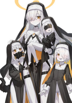 4girls absurdres aged_down alternate_costume black_dress black_mask black_shoes black_veil blindfold blue_archive blush carrying carrying_person closed_mouth colored_skin commentary_request dress ein_(blue_archive) extra_pupils eyes_visible_through_hair hair_over_one_eye halo highres jewelry kokukyukeo long_hair long_sleeves looking_at_another looking_at_viewer malkuth_(blue_archive) mask mechanical_hands mechanical_tail multiple_girls necklace nun ohr_(blue_archive) open_mouth respirator shoes short_hair simple_background smile sof_(blue_archive) symbol-shaped_pupils tail thigh_strap triplets veil very_long_hair white_background white_hair white_skin wide_sleeves x-shaped_pupils yellow_eyes yellow_halo