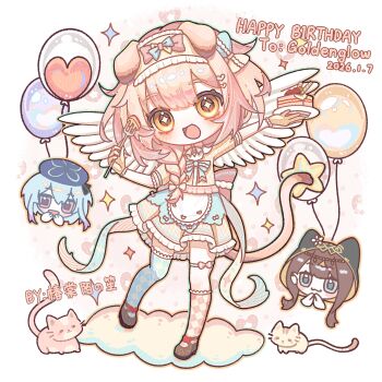+_+ 1boy 2girls :3 :d absurdres animal_ears arknights asymmetrical_legwear balloon blue_eyes blue_hair blue_thighhighs bow braid brown_hair cake cat cat_ears cat_girl cat_tail checkered_clothes checkered_legwear checkered_socks checkered_thighhighs chibi chibi_inset chinese_commentary chuntangmo_no_shou closed_mouth commentary_request creator_connection dated food fork frilled_hairband frills goldenglow_(arknights) hairband happy_birthday highres holding holding_fork holding_plate kneehighs long_hair making-of_available mismatched_legwear mizuki_(arknights) multiple_girls open_mouth pepe_(arknights) pink_cat pink_eyes pink_hair pink_socks plate procreate_(medium) short_sleeves side_braid single_braid single_kneehigh single_sock single_thighhigh smile socks tail thighhighs variant_set white_wings wings yellow_cat yellow_eyes