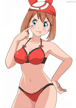 1girl :p absurdres akanbe alexkonakona bandana blue_eyes bra breasts brown_hair cleavage cowboy_shot eyelid_pull hand_on_own_hip highres index_finger_raised looking_at_viewer may_(pokemon) medium_breasts navel nintendo panties pokemon pokemon_rse red_bandana red_bra red_panties simple_background solo stomach tongue tongue_out underwear underwear_only v-shaped_eyebrows white_background