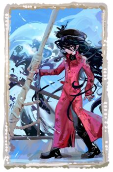1girl black_boots black_hair black_hat black_pants boat boots border cloud_(lufaeris) coat commentary english_commentary from_side full_body hat highres long_hair on_boat original pants photo_(object) pointy_ears red_coat solo watercraft waves white_border wind