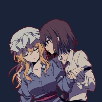 2girls :o arm_around_shoulder blonde_hair blue_background breasts brown_eyes brown_hair cleavage closed_eyes closed_mouth collar commentary_request crossed_bangs from_side hat holding_hands large_breasts leaning_to_the_side long_sleeves maribel_hearn medium_hair mob_cap multiple_girls necktie no_headwear open_mouth outline purple_shirt purple_skirt re_ghotion red_necktie red_outline red_sash sash shirt short_hair skirt touhou upper_body usami_renko white_collar white_hat white_shirt