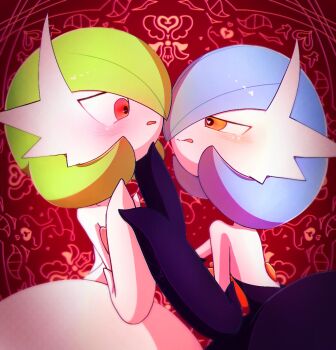 alternate_color black_dress black_gloves blue_hair blush bob_cut colored_skin dress elbow_gloves from_side gardevoir gen_3_pokemon gloves green_hair highres mega_gardevoir mega_pokemon nintendo orange_eyes pink_eyes pokemon pokemon_(creature) shiny_pokemon strapless strapless_dress white_dress white_gloves white_skin yuri_(fl0werspace)