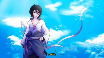 Rule 34 | 1girl, bleach, breasts, cleavage, commentary, cosplay, cowboy shot, english commentary, frown, hair between eyes, hand on own hip, highres, kuchiki rukia, naruto (series), naruto shippuuden, serious, short hair, small breasts, sode no shirayuki (shikai), solo, subtitled, sword, sword on back, tumblr username, uchiha sasuke, uchiha sasuke (cosplay), umbra (edits umbra), v-shaped eyebrows, weapon, weapon on back