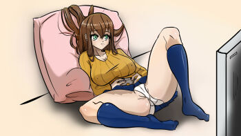 breasts cameltoe controller game_controller highres large_breasts oni-dessin panties playing playing_games pussy pussy_peek skirt socks solo spread_legs television underwear