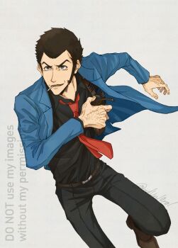 1boy arsene_lupin_iii black_hair black_shirt blazer blue_jacket brown_pants brown_shoes chest_holster collared_shirt commentary_request grey_pants grin gun holding holding_weapon holster jacket long_sideburns lupin_iii male_focus necktie pants red_necktie sharp_teeth shiny_skin shirt shoes short_hair sideburns signature smile solo teeth tie_clip twitter_username udun10rol watermark weapon white_background white_pants