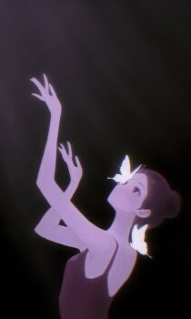 1girl absurdres arms_up artist_self-insert bare_arms bare_shoulders black_background black_camisole black_eyes black_hair breasts bug butterfly butterfly_over_eye camisole chinese_commentary chromatic_aberration ciciflaky closed_mouth commentary_request film_grain from_behind hair_bun highres insect looking_up original short_hair simple_background single_hair_bun small_breasts solo upper_body white_butterfly