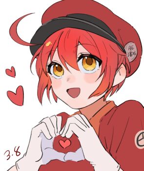 1girl :d absurdres ae-3803 ahoge badge blush brown_eyes button_badge close-up commentary dated eyelashes gloves hair_between_eyes hat hat_ornament hataraku_saibou heart heart_hands highres jacket light_blush looking_afar newsboy_cap open_mouth own_hands_together portrait red_blood_cell_(hataraku_saibou) red_hair red_hat red_jacket rougui_(he_fengyu) short_hair simple_background smile solo upturned_eyes very_short_hair white_background white_gloves