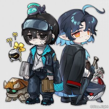 2boys ahoge animalization arknights bag black_coat black_gloves black_hair coat coat_on_shoulders colored_inner_hair dongbaek_(project_moon) dongrang_(project_moon) flaw_eight freckles full_body gloves goggles goggles_on_head holding holding_bag holding_umbrella infection_monitor_(arknights) irene_(arknights) jewelry lcb_uniform_(project_moon) limbus_company lumen_(arknights) mechanization multicolored_hair multiple_boys necklace pointy_ears project_moon simple_background sweater ulpianus_(arknights) umbrella white_background white_sweater yellow_eyes yi_sang_(project_moon)