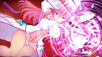 Rule 34 | 1girl, breasts, cleavage, cleavage cutout, clothing cutout, detached sleeves, dress, dutch angle, elbow gloves, en ciel rena, en ciel rena (magius), game cg, gloves, glowing, gluteal fold, hat, holding, holding wand, kourin tenshi en ciel rena, large breasts, large variant set, long hair, looking at viewer, magic, magic circle, magical girl, non-web source, official art, panties, pantyshot, pink eyes, pink hair, purple eyes, saitou natsuki, skirt, smile, solo, staff, suhamaya, thigh gap, tomoe rena, underwear, variant set, wand, white gloves, white panties