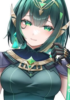 1girl absurdres black_gloves blush breasts claws commentary_request ear_covers elbow_gloves facial_mark gem genshin_impact gloves green_eyes green_gemstone green_hair green_shirt hair_between_eyes headband headgear highres large_breasts looking_at_viewer mole mole_under_eye nefer_(genshin_impact) shirt short_hair simple_background smile solo tamakage_(zeeh7854) upper_body white_background