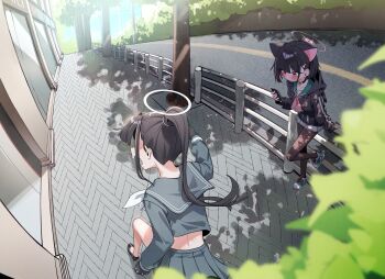 Rule 34 | 2girls, absurdres, against railing, animal ears, black hair, bloom, blue archive, blush, building, cat ears, cellphone, collar, colored inner hair, fisheye, glass door, gloves, hair ornament, hair tie, hairpin, halo, high heels, highres, hood, hoodie, kazusa (blue archive), leaf, multicolored hair, multiple girls, pantyhose, phone, pink streaks, pleated skirt, ponytail, railing, red eyes, road, running, school uniform, shadow, shirt under hoodie, shoes, short hair, sidewalk, skirt, smartphone, sneakers, street, sukeban (smg) (blue archive), tree, two-tone hair, whonyang