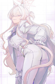 1girl absurdres akira_(blue_archive) animal_ear_fluff animal_ears ass belt blue_archive breasts cat_ears collared_shirt cowboy_shot drive_shot facing_to_the_side hair_between_eyes halo high-waist_pants highres long_hair looking_at_viewer medium_breasts pants parted_lips pink_eyes pink_halo shirt solo white_hair white_pants
