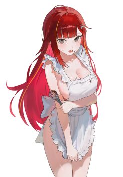 1girl :o absurdres akane_lize apron apron_tug arm_under_breasts blunt_bangs breasts chocolate chocolate_on_body cleavage collarbone commentary_request food_on_body highres holding holding_whisk korean_commentary large_breasts long_hair looking_at_viewer naked_apron nbee_ya red_hair sideboob simple_background solo stellive straight_hair sweatdrop very_long_hair virtual_youtuber whisk white_background