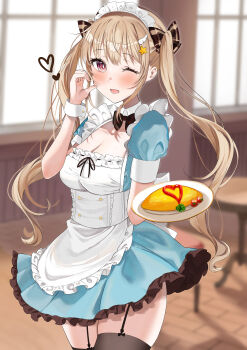 1girl :d ;d absurdres apron black_bow black_thighhighs blue_dress blurry blurry_background blush bow breasts brown_hair chair cleavage collarbone commentary_request depth_of_field dress food frilled_apron frills garter_straps hair_bow hand_up heart highres holding holding_plate indoors maid maid_headdress medium_breasts mochi_nabe omelet omurice one_eye_closed open_mouth original plate puffy_short_sleeves puffy_sleeves red_eyes short_sleeves smile solo table thighhighs twintails white_apron window wooden_floor wrist_cuffs