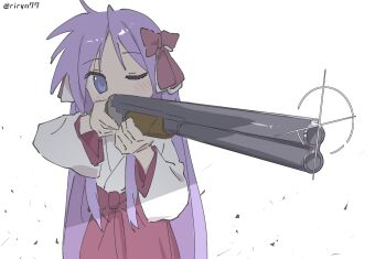1girl aiming artist_name blue_eyes bow clothing_request cowboy_shot double-barreled_shotgun gun hair_bow hiiragi_kagami holding holding_gun holding_weapon long_hair long_sleeves looking_ahead lucky_star no_nose one_eye_closed purple_hair red_bow riryn77 shade shotgun sidelocks simple_background solo standing very_long_hair weapon weapon_request white_background