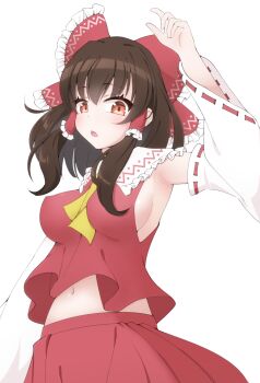 armpits breasts brown_hair cowboy_shot detached_sleeves dress frilled_hair_tubes frilled_shirt_collar frilled_skirt frills hair_tubes hakurei_reimu kasumisometsuki large_breasts medium_hair midriff navel nontraditional_miko orange_eyes red_dress red_ribbon red_skirt ribbon ribbon_trim sideboob skirt touhou white_sleeves