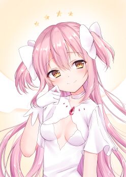 1girl absurdres backlighting bow breasts center_opening chest_jewel choker cleavage cleavage_cutout closed_mouth clothing_cutout commentary_request diamond_cutout dot_nose energy_wings gem gloves hair_between_eyes hair_bow hand_on_own_cheek hand_on_own_face highres kaname_madoka light_blush long_hair looking_at_viewer loose_hair_strand mahou_shoujo_madoka_magica mahou_shoujo_madoka_magica_(anime) medium_breasts mochiko_(uyu_omochi) pink_gemstone pink_hair pleated_sleeves short_sleeves smile solo spread_wings star_(symbol) two_side_up ultimate_madoka upper_body very_long_hair white_bow white_choker white_gloves white_wings wings yellow_background yellow_eyes