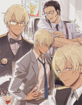 3boys black_bow black_bowtie black_eyes black_hair black_necktie blonde_hair bow bowtie character_request closed_mouth dress_shirt glasses grey_eyes gyaruo meitantei_conan multiple_boys necktie nonockha open_mouth shirt short_hair smile suspenders talking_on_phone tan white_shirt