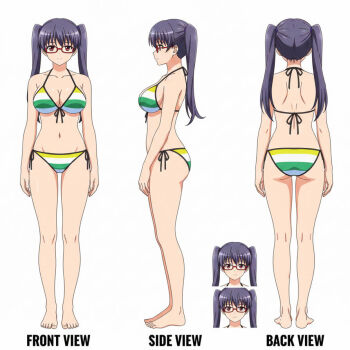 1girl ass barefoot bikini black_hair braid braided_ponytail breasts cleavage eroge!_h_mo_game_mo_kaihatsu_zanmai feet from_behind from_side glasses kosaka_iori kousaka_iori large_breasts legs long_hair looking_at_viewer multiple_views navel red_eyes reference_sheet sideboob smile swimsuit thighs twintails