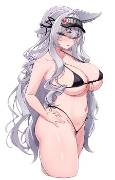 5danny1206 absurdres animal_ear_fluff animal_ears bikini black_bikini breasts covered_erect_nipples curvy grey_eyes grey_hair highleg highleg_bikini highres huge_breasts looking_at_viewer micro_bikini navel original side-tie_bikini_bottom skindentation swimsuit thighs thong_bikini vrchat