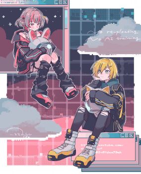 1boy 1girl animal_ear_helmet animal_ears animal_helmet black_collar black_jacket black_leg_warmers black_leggings black_shorts black_straps blonde_hair blunt_bangs blush boots cat_ears closed_mouth cloud collar colored_inner_hair commentary crop_top earclip error_message fake_animal_ears full_body green_eyes grey_hair hair_intakes hair_ornament hair_over_one_eye hairclip head_rest helmet highres holding holding_unworn_helmet jacket knee_blush lace-up_boots leg_belt leg_warmers leggings light_smile looking_at_another makaino_ririmu makaino_ririmu_(6th_costume) miniskirt multicolored_hair multicolored_hair_bobbles nijisanji no_headwear okirarenai_zzz open_clothes open_jacket pink_hair pink_jacket pink_shoes pink_skirt pink_streaks plaid_clothes plaid_skirt pointy_ears rabbit_ears red_eyes shoelaces shoes short_hair shorts signature sitting skirt sleeves_past_wrists space_helmet star_(symbol) star_hair_ornament streaked_hair symbol-only_commentary thigh_strap torn_clothes torn_leggings two-sided_fabric two-sided_jacket two-tone_hair two_side_up unworn_headwear unworn_helmet uzuki_kou uzuki_kou_(5th_costume) virtual_youtuber white_boots white_helmet window_(computing) wolf_cut