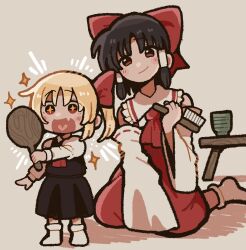 Rule 34 | + +, 2girls, alternate hairstyle, ascot, black hair, black skirt, black vest, blonde hair, blush, bow, closed mouth, commentary, cup, detached sleeves, fang, hair bow, hair brush, hair ribbon, hair tubes, hakurei reimu, heart, heart in mouth, henyomenmen, highres, holding, holding hair brush, holding mirror, long hair, long sleeves, mirror, multiple girls, open mouth, red ascot, red bow, red eyes, red skirt, ribbon, ribbon-trimmed sleeves, ribbon trim, rumia, shirt, short hair, sitting, skin fang, skirt, skirt set, smile, socks, standing, touhou, vest, white shirt, white socks, yunomi