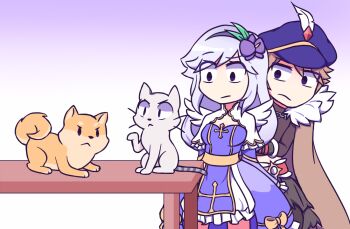 1boy 1girl animated animated_gif arch_bishop_(ragnarok_online) barking black_hairband black_shirt blckbrd17 blinking blue_dress blue_hat bow breasts brown_cape brown_hair cape cat cleavage_cutout closed_mouth clothing_cutout commentary cowboy_shot cross dog dress dress_bow english_commentary flower frilled_dress frilled_sleeves frills frown fur_cape fur_collar grey_cat grey_hair hair_flower hair_ornament hairband hat long_hair looping_animation medium_breasts newsboy_cap official_alternate_costume plume purple_flower ragnarok_online sash shadow_chaser_(ragnarok_online) shiba_inu shirt short_hair swatting swept_bangs table two-tone_dress white_dress yellow_bow yellow_sash