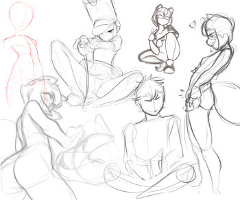1boy 2girls absurdres animal_ears ass brand_new_animal clothes_pull doodles flying_sweatdrops from_side furry furry_with_non-furry grin hat heart highres holding interspecies jakuzure_nonon kagemori_michiru kill_la_kill multiple_girls ogami_shirou pudgeruffian raccoon_ears raccoon_girl raccoon_tail short_hair shorts shorts_pull sitting sketch smile tail teeth