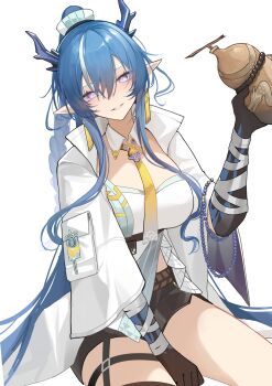 1girl arknights black_shorts blue_hair blue_horns bolo_tie breasts colored_extremities cowboy_shot detached_collar dragon_girl dragon_horns earrings gourd highres holding holding_gourd horns jacket jewelry large_breasts light_smile ling_(arknights) long_hair looking_at_viewer multicolored_hair open_clothes open_jacket paszuto pointy_ears purple_eyes short_shorts shorts simple_background sitting solo streaked_hair thigh_strap very_long_hair white_background white_hair white_jacket