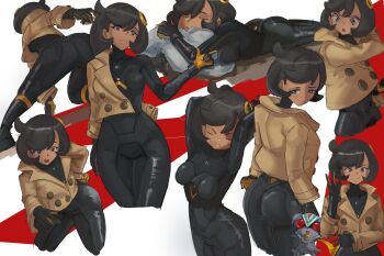 1girl absurdres ass black_bodysuit black_hair blackleo2090 bodysuit bodysuit_under_clothes breasts brown_jacket closed_mouth dark-skinned_female dark_skin emma_(pokemon) espurr gen_6_pokemon gloves hair_ornament highres jacket kamen_rider looking_at_viewer nintendo open_mouth pokemon pokemon_(creature) pokemon_legends:_z-a purple_eyes short_hair simple_background sleeping smile