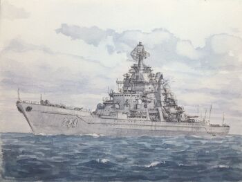 atelier_bono cloud cloudy_sky commentary_request cruiser highres mast military_vehicle no_humans ocean original painting_(medium) pyotr_velikiy_(ship) russian_navy ship sky traditional_media vehicle_focus warship watercolor_(medium) watercraft waves