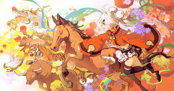 1girl absurdres bird black_thighhighs boar braid bull bun_with_braided_base chicken chinese_zodiac coin commentary_request cropped_jacket dog double_bun dragon earrings eastern_dragon flower goat hair_bun highres holed_coin horse jacket jewelry lantern long_hair ming_qi_bibi miniskirt monkey mouse_(animal) original paper_lantern pleated_skirt rabbit red_jacket running single_thighhigh skirt snake thighhighs tiger twintails two-tone_skirt white_hair wide_sleeves