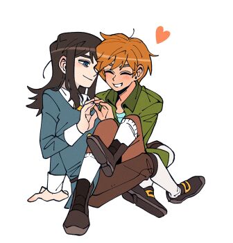 1boy 1girl abaddon_(haunted_hotel) blue_coat blue_eyes blush brown_hair coat commentary english_commentary esther_freeling green_coat haunted_hotel heart hetero highres indian_style insidej043 looking_at_another orange_hair short_hair simple_background sitting sitting_on_lap sitting_on_person slit_pupils white_background