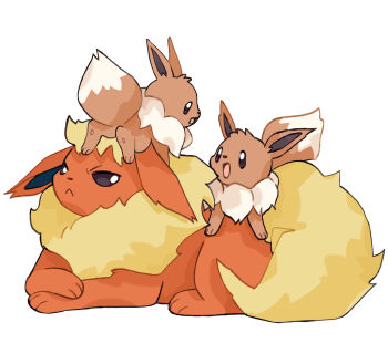 :< :d animal_focus annoyed brown_eyes closed_mouth commentary eevee english_commentary flareon gen_1_pokemon lying mjoyart nintendo no_humans open_mouth pokemon pokemon_(creature) simple_background smile white_background