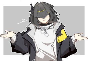 1girl :p arknights arknights:_endfield black_hair black_jacket border closed_mouth commentary endministrator_(arknights) english_commentary fazni_frye female_endministrator_(arknights) grey_background grey_shirt hands_up highres jacket light_blush long_sleeves open_clothes open_jacket outline outside_border shirt short_hair shrugging simple_background solo tongue tongue_out upper_body white_border white_outline