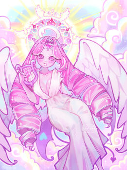 Rule 34 | 1girl, ancient greek clothes, angel wings, artist name, blush, breasts, bright pupils, chiton, circlet, cloud, collarbone, colored skin, cookie run, cookie run: kingdom, demon tail, dress, drill hair, eternal sugar cookie, eyelashes, gem, greco-roman clothes, halo, hand up, heart-shaped gem, highres, holding, holding instrument, holding lyre, instrument, jinxchuu, long hair, looking at viewer, lyre, medium breasts, pink eyes, pink gem, pink hair, pink skin, short sleeves, sitting, smile, solo, sun, tail, teeth, very long hair, white dress, white eyeshadow, white halo, white pupils, wings