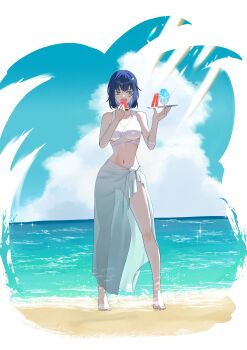 1girl barefoot beach bikini bikini_skirt blue_hair blue_sky cloud cloudy_sky dishes food grey_hair hands_up hekate_(hero_killer) hero_killer kenooba looking_to_the_side navel open_mouth sand shaved_ice short_hair sky solo stomach summer swimsuit water watermelon watermelon_slice white_bikini