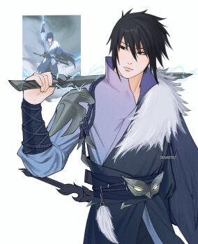 1boy armor asymmetrical_clothes black_eyes black_hair black_sash closed_mouth collared_shirt electricity electrokinesis fur_trim gradient_clothes gradient_shirt highres holding holding_sword holding_weapon looking_to_the_side male_focus mask_on_belt naruto_(series) naruto_shippuuden purple_shirt reference_inset sash screenshot_inset shirt short_hair shoulder_armor simple_background sword tenartistt uchiha_sasuke weapon white_background