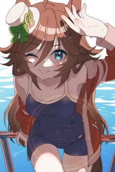 1girl ahoge animal_ears bare_shoulders blue_eyes blue_one-piece_swimsuit blush breasts brown_hair collarbone competition_school_swimsuit covered_navel hair_between_eyes hair_ornament hairclip hat horse_ears horse_girl horse_tail jacket koruri long_hair long_sleeves looking_at_viewer medium_breasts mini_hat mini_top_hat mr._c.b._(umamusume) navel one-piece_swimsuit one_eye_closed open_clothes open_jacket open_mouth red_jacket school_swimsuit smile swimsuit tail top_hat tracen_swimsuit tracen_training_uniform track_jacket umamusume water wet white_hat