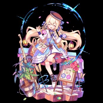 1girl :d ^_^ arrow_(projectile) bell black_background black_socks blonde_hair blue_bow blue_skirt blush bow bow_(weapon) brown_bag brown_hat closed_eyes collared_shirt flower flower_pot full_body hair_between_eyes hands_up hat high-waist_skirt highres juilia_(merc_storia) leaf long_hair long_sleeves merc_storia merc_storia_art_team official_art open_mouth red_flower shirt shoes sidelocks simple_background skirt smile socks solo striped_bow tachi-e w_arms water weapon white_shirt white_shoes wooden_floor