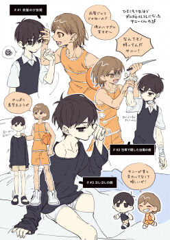 Rule 34 | 2boys, :d, antenna hair, arm at side, arm support, arm up, arms at sides, bags under eyes, ball, bandaged arm, bandaged neck, bandages, bare legs, basketball (object), black eyes, black hair, black sandals, black shirt, blanket, bright pupils, brown eyes, brown hair, closed mouth, collarbone, collared shirt, commentary request, cropped legs, cropped torso, double-parted bangs, elbow carry, empty eyes, expressionless, eye contact, fingernails, foot out of frame, full body, grin, hair behind ear, hair between eyes, hand on another's face, hand on another's forehead, hand on another's shoulder, highres, holding, holding another's wrist, holding ball, holding knife, kel (faraway) (omori), kel (omori), knife, leg hair, long sleeves, looking at another, lower teeth only, male focus, male underwear, multiple boys, multiple views, no pupils, omori, on bed, open mouth, orange shorts, orange tank top, outline, pillow, profile, rubbing eyes, sandals, self-harm, shirt, shoes, short hair, short sleeves, shorts, simple background, single bare shoulder, sitting, sleeves past wrists, smile, speech bubble, spoken squiggle, squeans, squiggle, standing, sunny (omori), sweatdrop, tank top, teeth, toastytoast, translation request, turn pale, underwear, uneven eyes, very short hair, white background, white male underwear, white outline, white pupils, white shirt, white shoes, white trim, yellow shorts