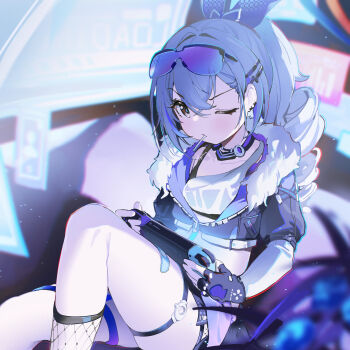 1girl absurdres black_gloves blurry blurry_background bow closed_mouth controller coria cropped_jacket crossed_bangs drill_hair drill_ponytail eyewear_on_head fingerless_gloves fishnet_socks fishnets game_controller gloves grey_eyes grey_hair hair_between_eyes hair_bow highres holding holding_controller holding_game_controller honkai:_star_rail honkai_(series) jacket lollipop_in_mouth long_hair looking_at_viewer open_clothes open_jacket short_sleeves shorts silver_wolf_(honkai:_star_rail) sitting socks solo